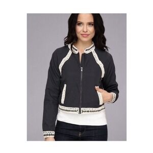 Free People Navy Blue Cream Crochet Trim Zip Bomber Jacket XS Boho Chic